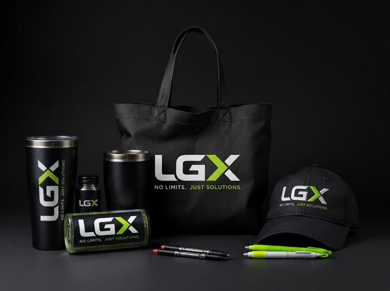 Branded LGX promotional merchandise including tumblers, tote bag and hat